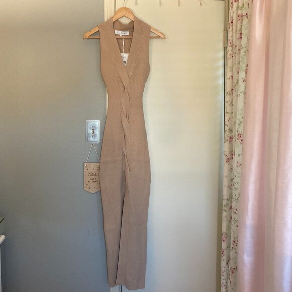 NWT Curaae by Ellatt Braided ribbed midi Zoey dress in tan, sz. M - Picture 2 of 4
